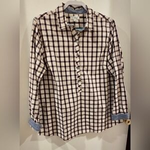 Indigo Women's Plaid Button-Down Shirt Blouse Size M White Navy Trim
